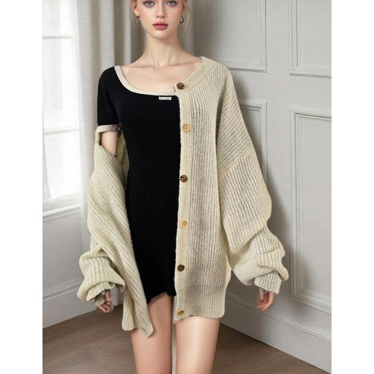 Women's Loose Long Sleeve Knit Cardigan Sweater With Gold Threaded Buttons
