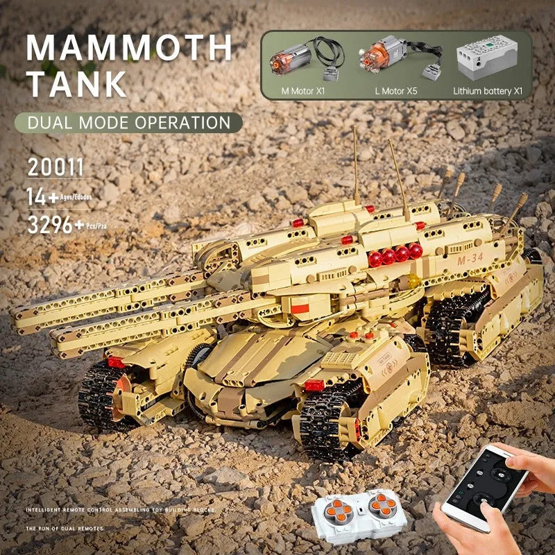 Military MOC Motorized RC Heavy Mammoth Tank Bricks Toy