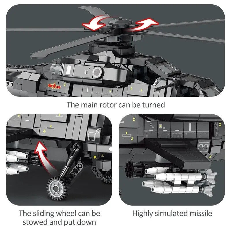 MOC Military WZ-10 Gunship Attack Helicopter Bricks Toy