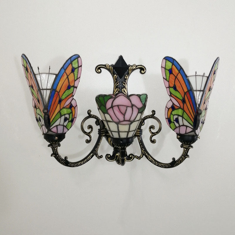 Tiffany Butterfly Alloy Iron Glass 3-Light Wall Sconce Lamp