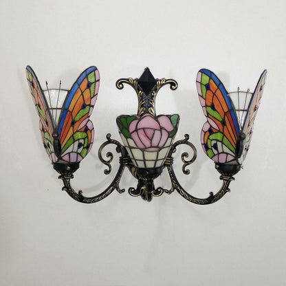 Tiffany Butterfly Alloy Iron Glass 3-Light Wall Sconce Lamp
