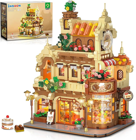 City Bakery Cafe House Building Set W/ Light, 1289PCS Baking Shop Building Block