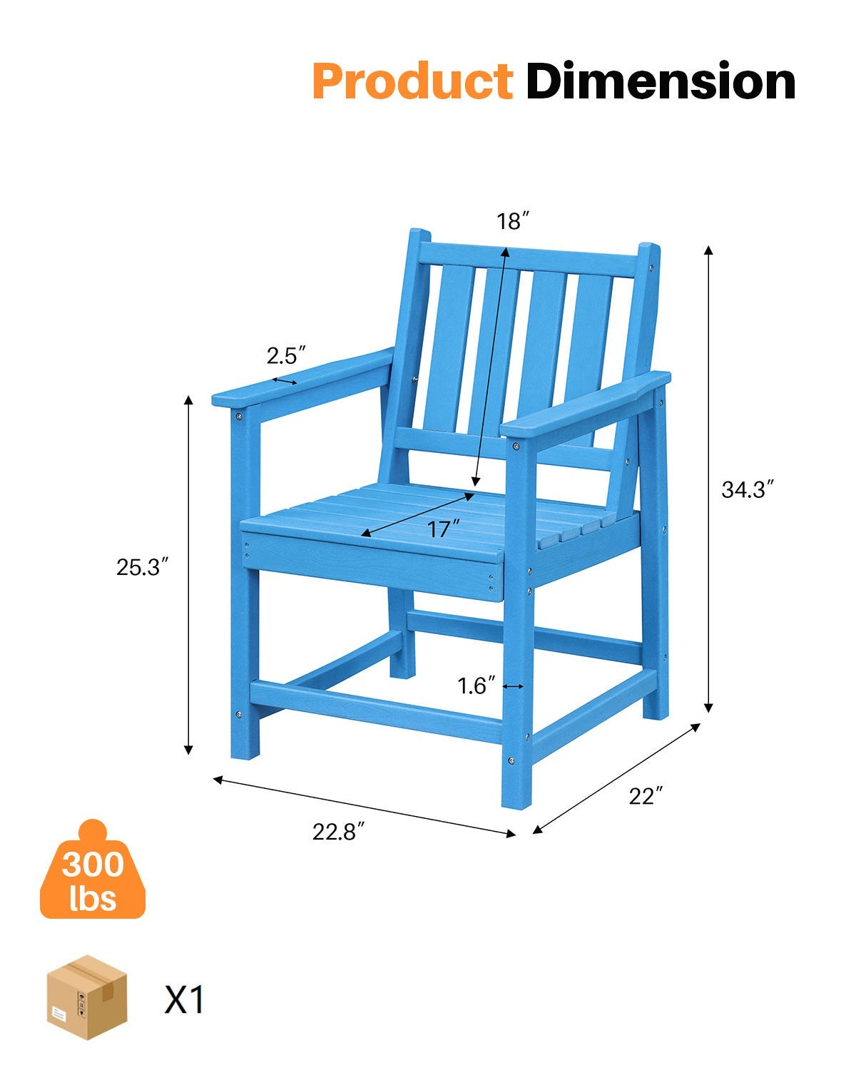 HDPE Outdoor Patio Garden Chair – Blue Weatherproof Dining Seat 22.8″ x 22″ x 34
