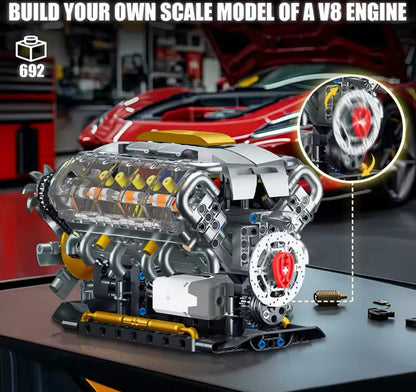 NEW Motorized V8 Engine Building Blocks Set Model Adults MOC Working Motor