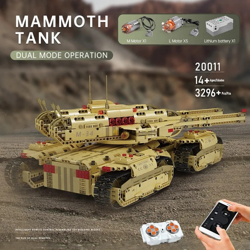 Military MOC Motorized RC Heavy Mammoth Tank Bricks Toy