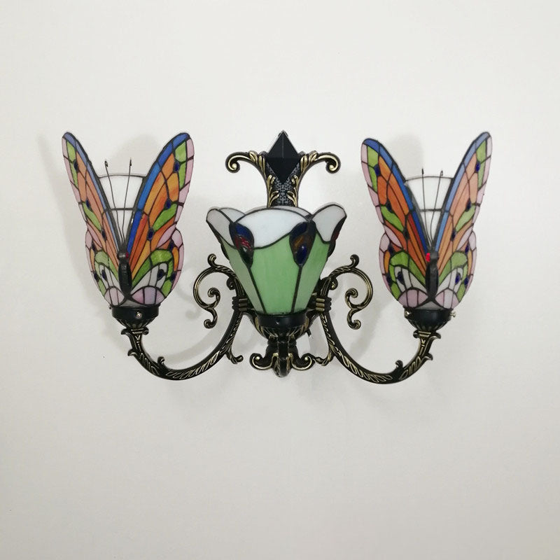 Tiffany Butterfly Alloy Iron Glass 3-Light Wall Sconce Lamp