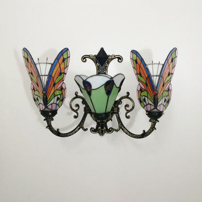 Tiffany Butterfly Alloy Iron Glass 3-Light Wall Sconce Lamp