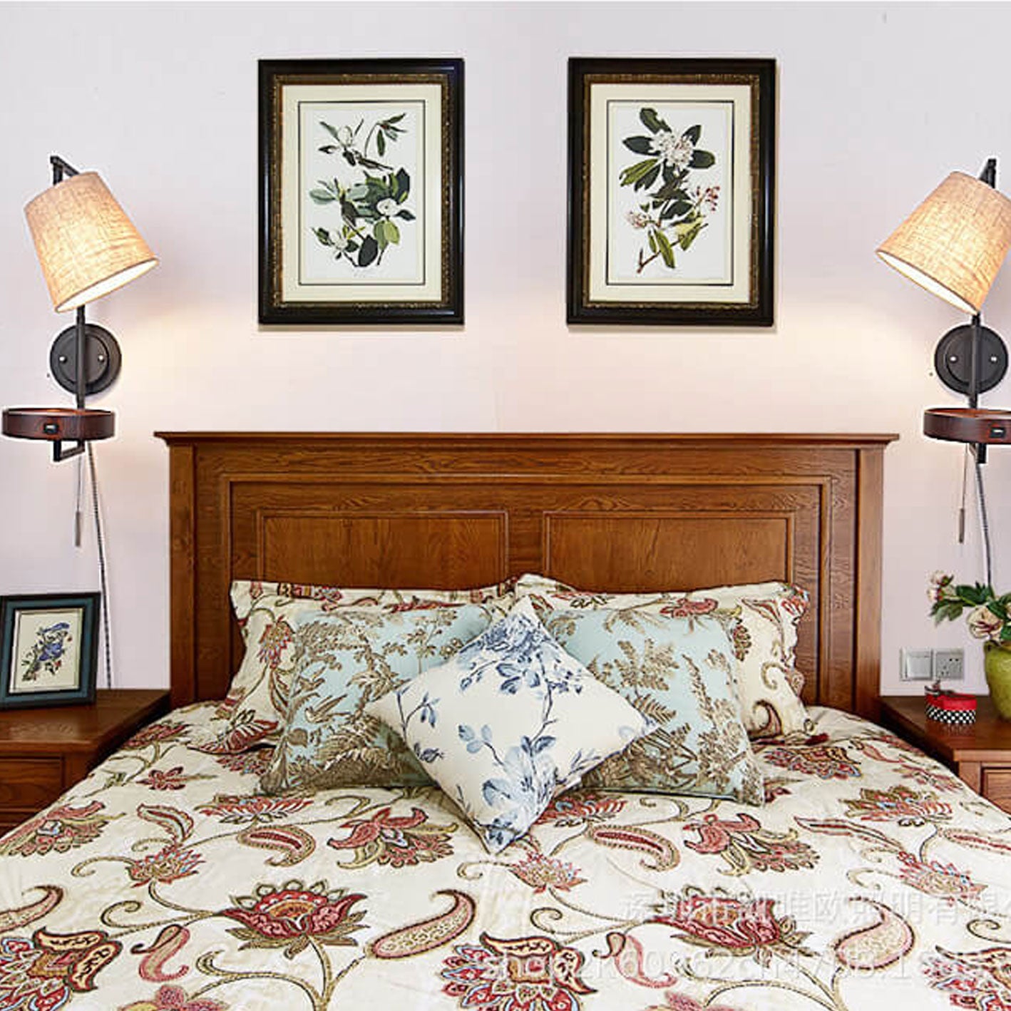 Light Wood Wrought Iron Fabric 1-Light Wall Sconce Lamp