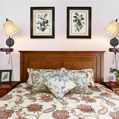 Light Wood Wrought Iron Fabric 1-Light Wall Sconce Lamp