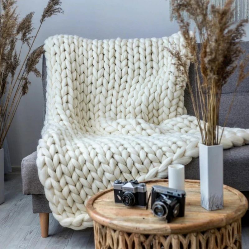 Hand Knitted Wool Blanket, Open Weave