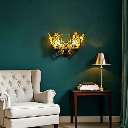 Tiffany Iron Butterfly-shaped 2-Light Wall Sconce Lamp