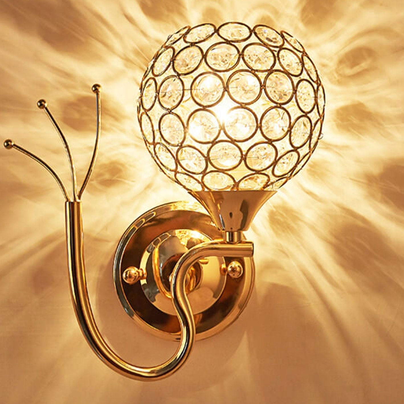 European Crystal Ball Curved Arm 1-Light Wall Sconce Lamp