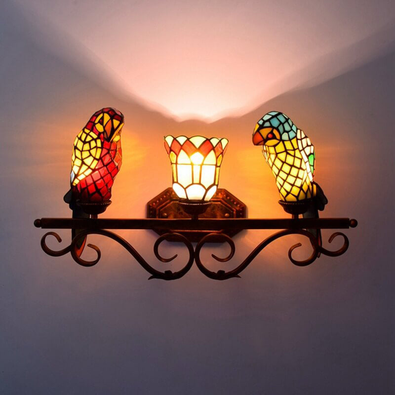 Tiffany European Parrot Decorative 3-Light Wall Sconce Lamp