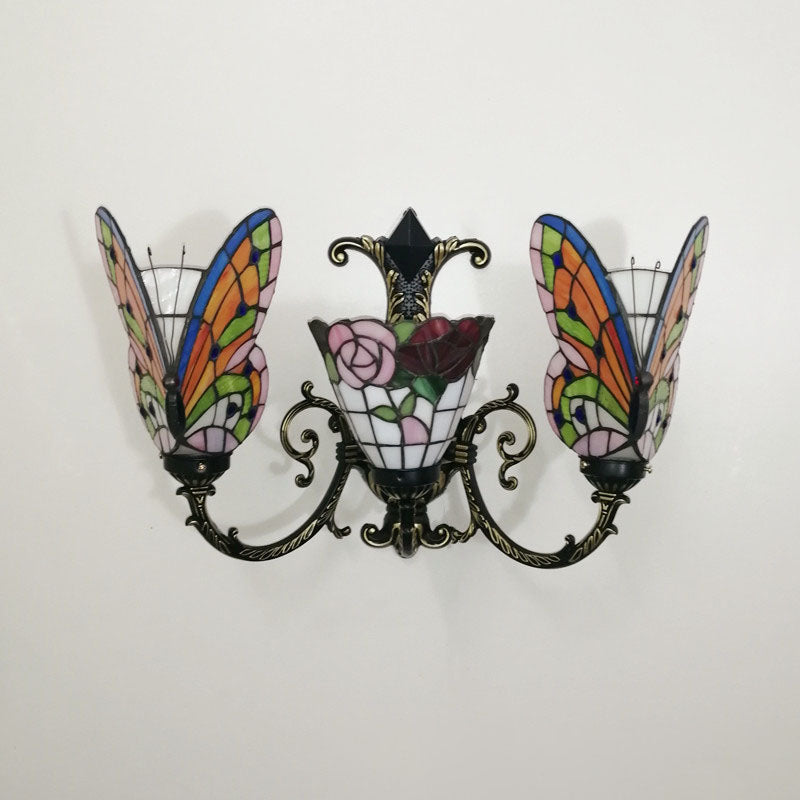 Tiffany Butterfly Alloy Iron Glass 3-Light Wall Sconce Lamp