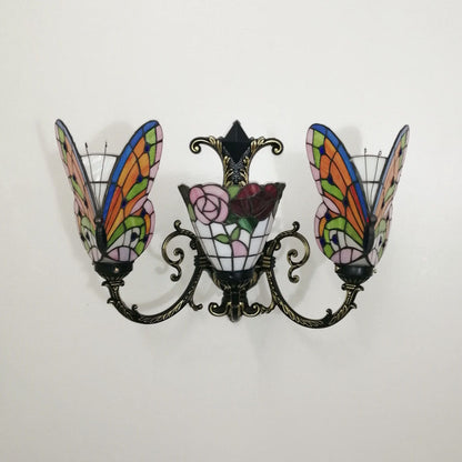Tiffany Butterfly Alloy Iron Glass 3-Light Wall Sconce Lamp