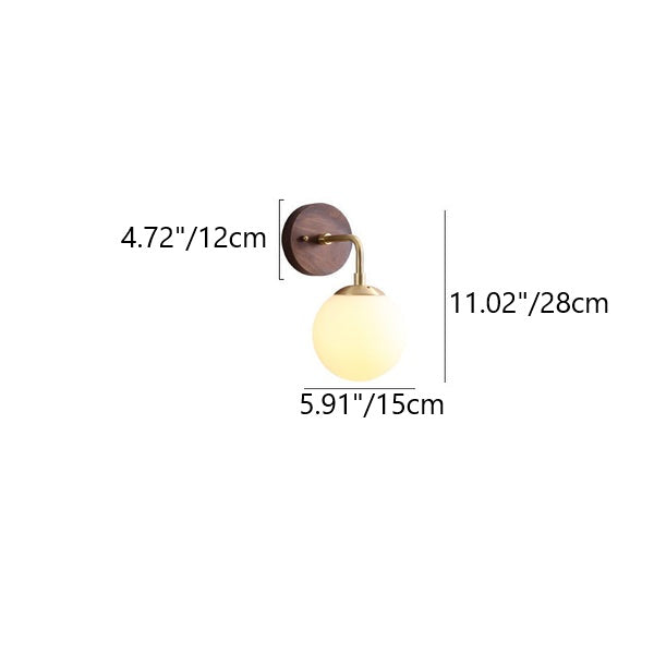Walnut Brass Glass Round Orb 1-Light Wall Sconce Lamp