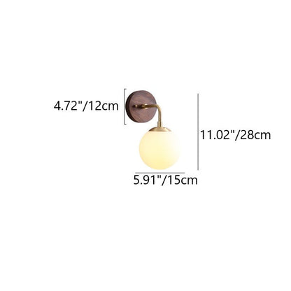 Walnut Brass Glass Round Orb 1-Light Wall Sconce Lamp