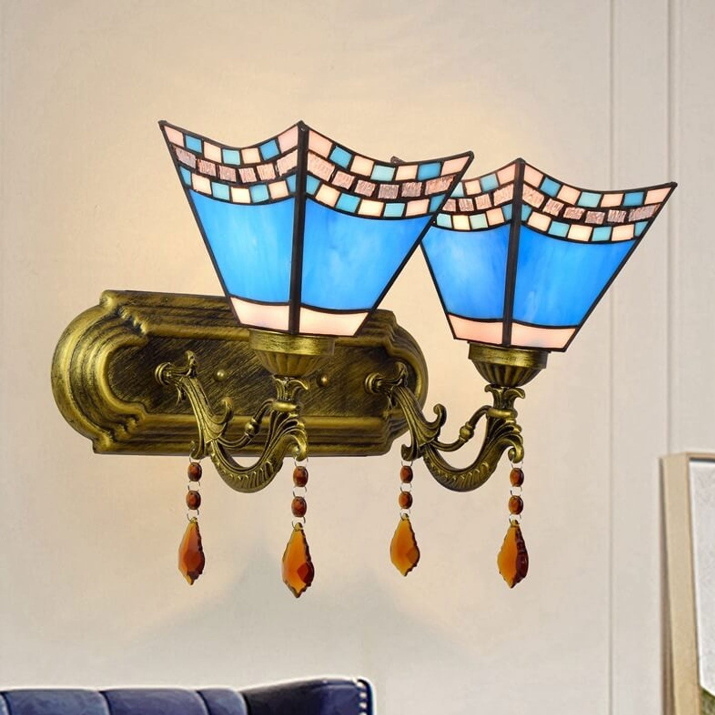 Tiffany Blue Glass Crystal 2-Light Wall Sconce Lamp