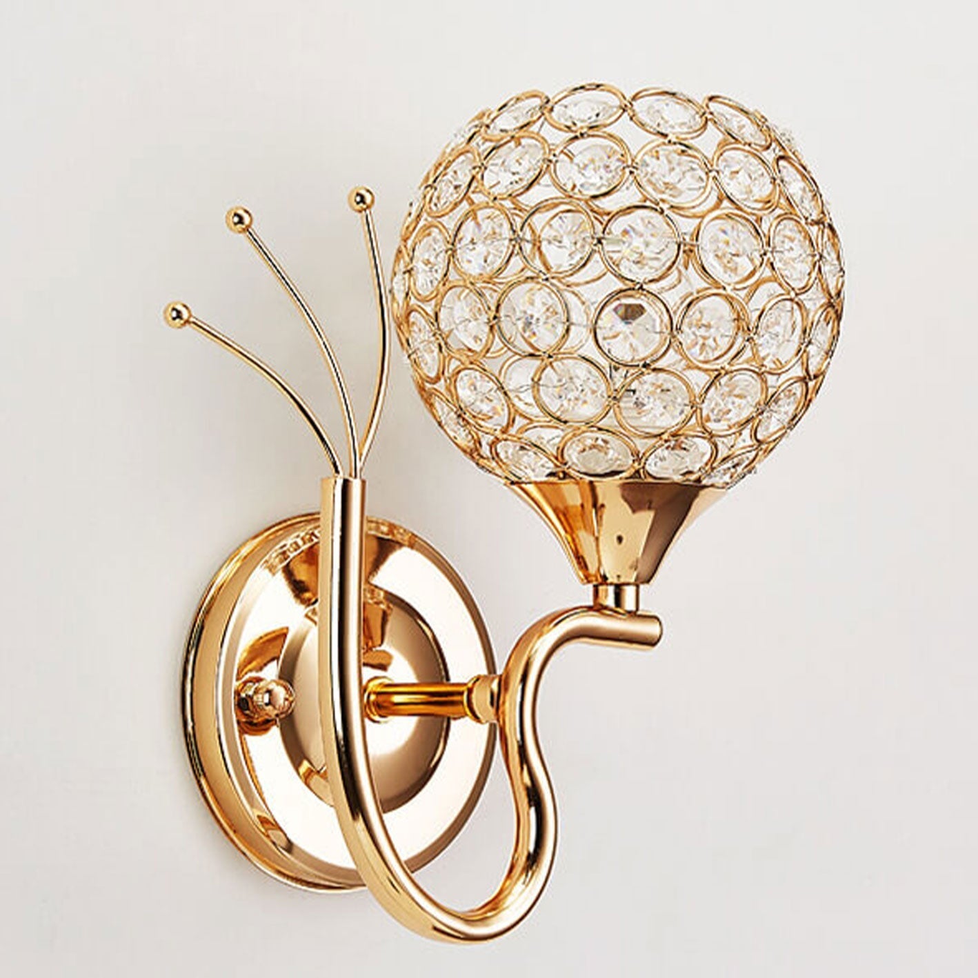 European Crystal Ball Curved Arm 1-Light Wall Sconce Lamp