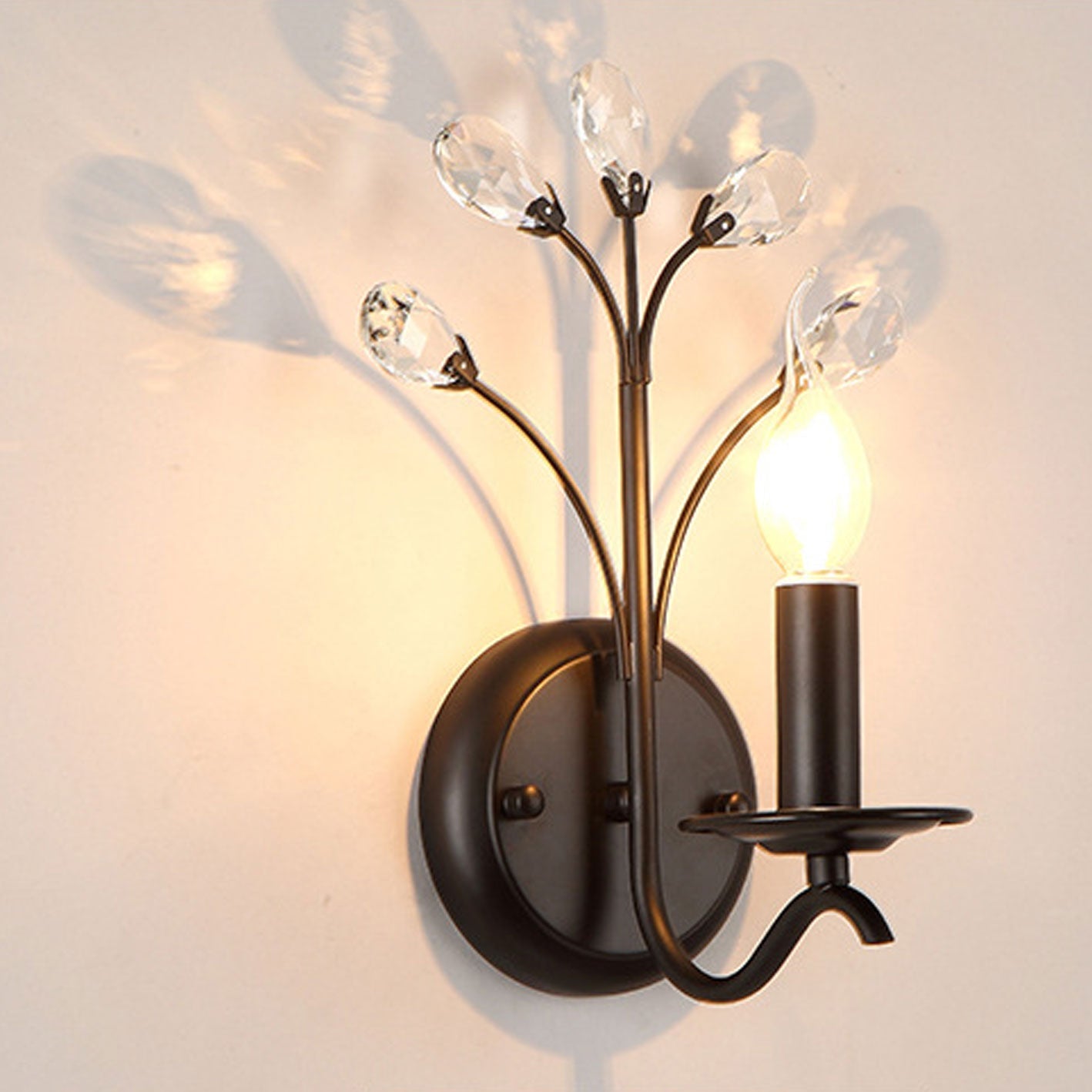 European Wrought Iron Crystal 1-Light Wall Sconce Lamp