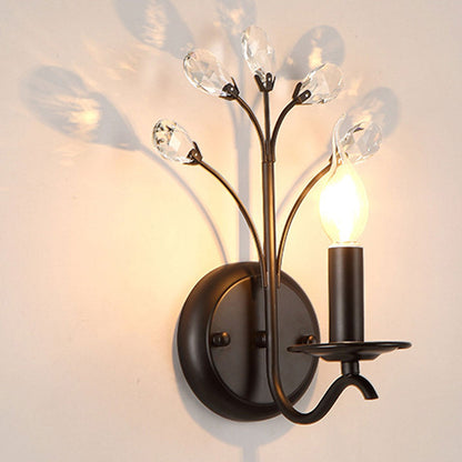 European Wrought Iron Crystal 1-Light Wall Sconce Lamp