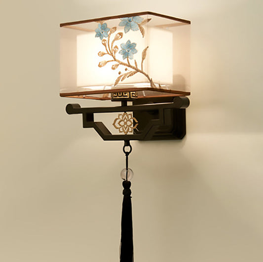 Chinese Embroidered Iron Fabric 1-Light Wall Sconce Lamp