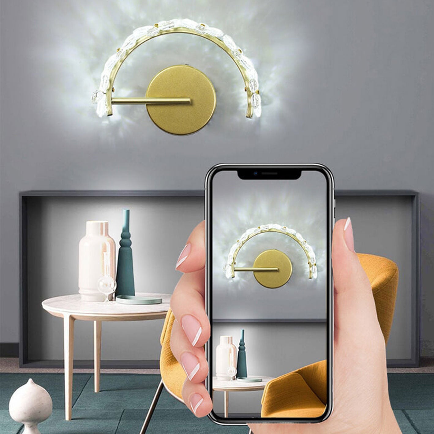 Nordic Gold Crystal Flower Half Circle LED Wall Sconce Lamp