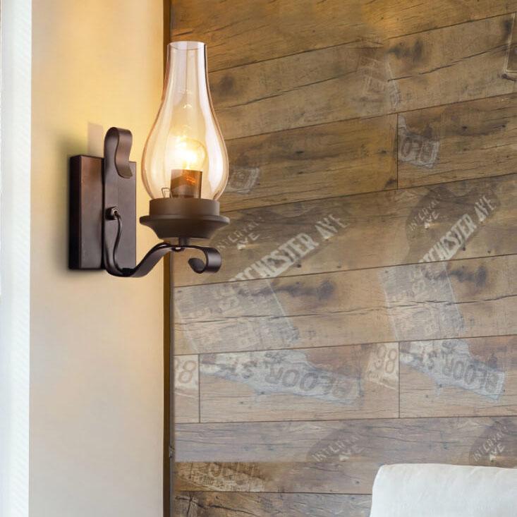 Glass Shade Wrought Iron Kerosene 1-Light Wall Sconce Lamp