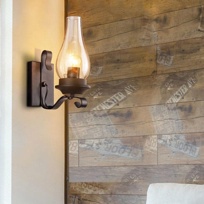 Glass Shade Wrought Iron Kerosene 1-Light Wall Sconce Lamp