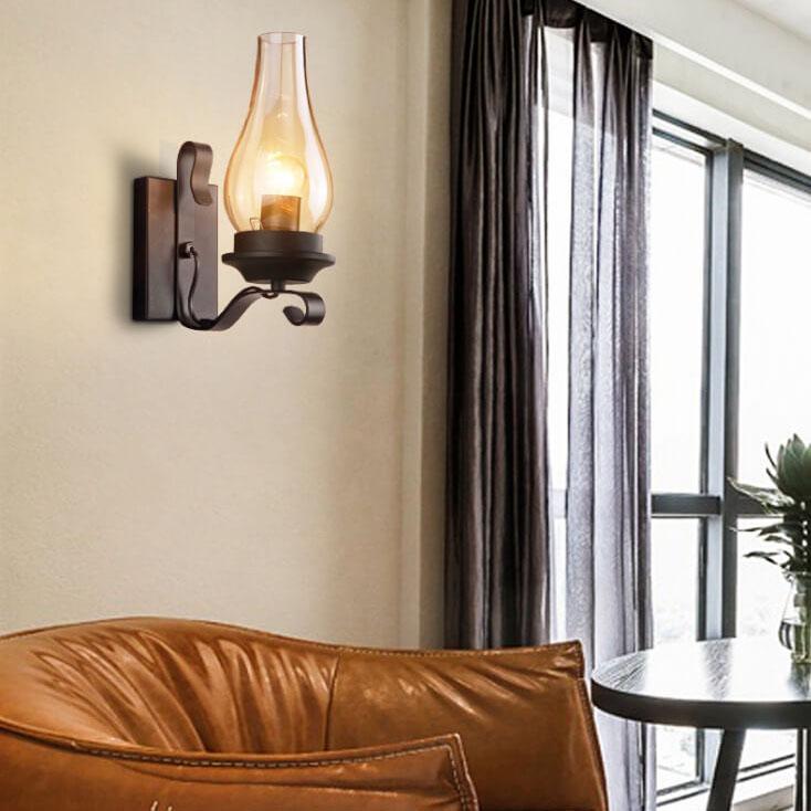 Glass Shade Wrought Iron Kerosene 1-Light Wall Sconce Lamp