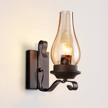 Glass Shade Wrought Iron Kerosene 1-Light Wall Sconce Lamp