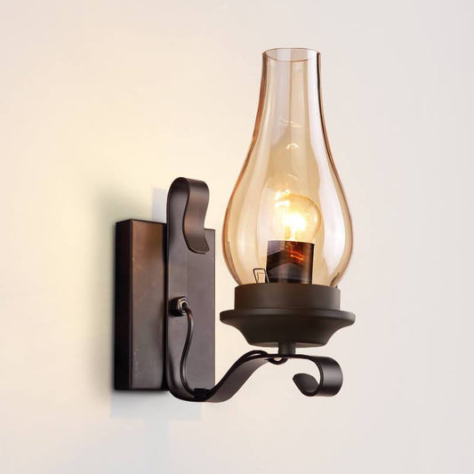 Glass Shade Wrought Iron Kerosene 1-Light Wall Sconce Lamp