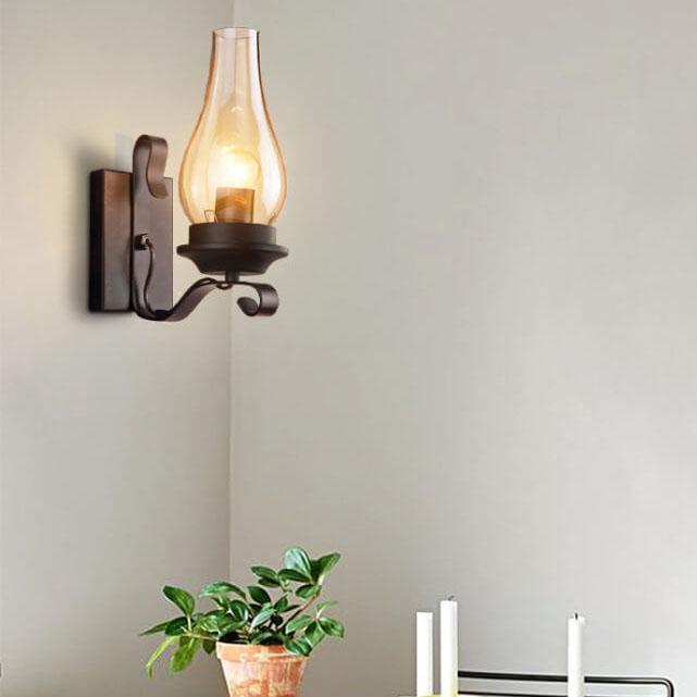 Glass Shade Wrought Iron Kerosene 1-Light Wall Sconce Lamp