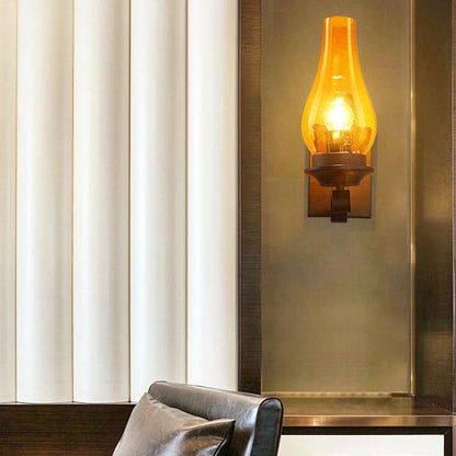 Glass Shade Wrought Iron Kerosene 1-Light Wall Sconce Lamp