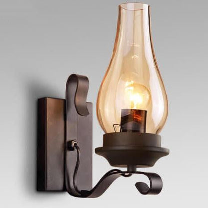 Glass Shade Wrought Iron Kerosene 1-Light Wall Sconce Lamp