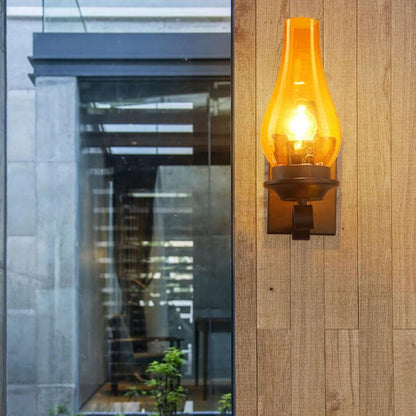 Glass Shade Wrought Iron Kerosene 1-Light Wall Sconce Lamp