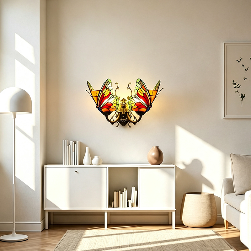 Tiffany Iron Butterfly-shaped 2-Light Wall Sconce Lamp
