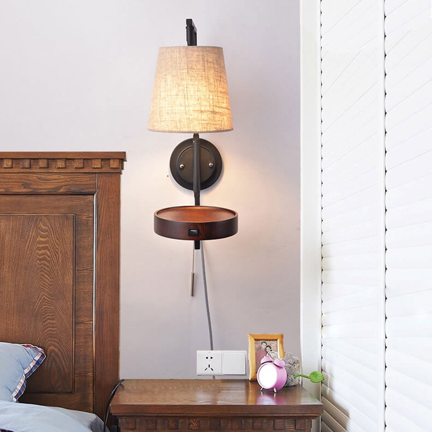 Light Wood Wrought Iron Fabric 1-Light Wall Sconce Lamp