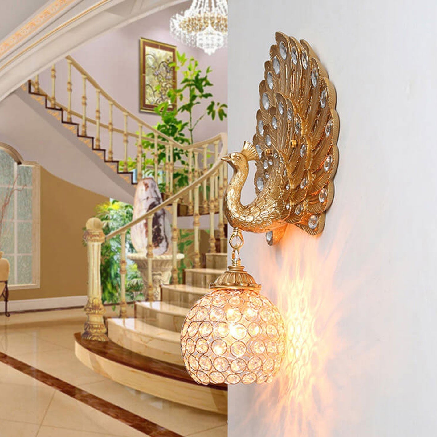 European Crystal Peacock Shape 1-Light Wall Sconce Lamp