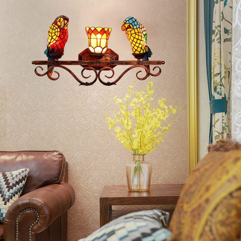Tiffany European Parrot Decorative 3-Light Wall Sconce Lamp
