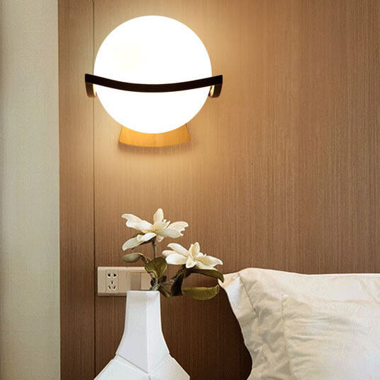 Glass Ball 1-Light Wooden Base Armed Sconce Lamp
