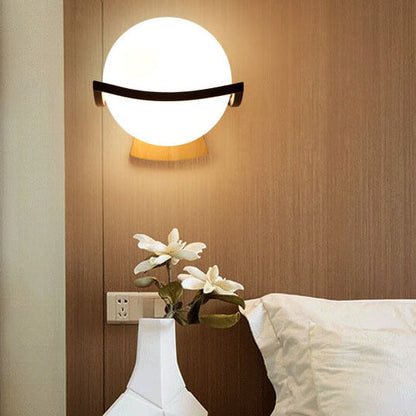 Glass Ball 1-Light Wooden Base Armed Sconce Lamp