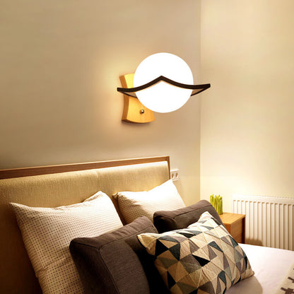 Glass Ball 1-Light Wooden Base Armed Sconce Lamp