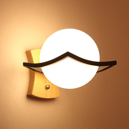 Glass Ball 1-Light Wooden Base Armed Sconce Lamp