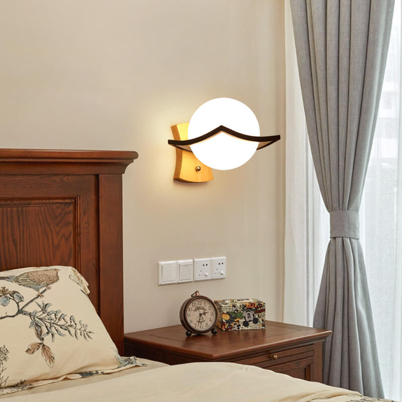 Glass Ball 1-Light Wooden Base Armed Sconce Lamp