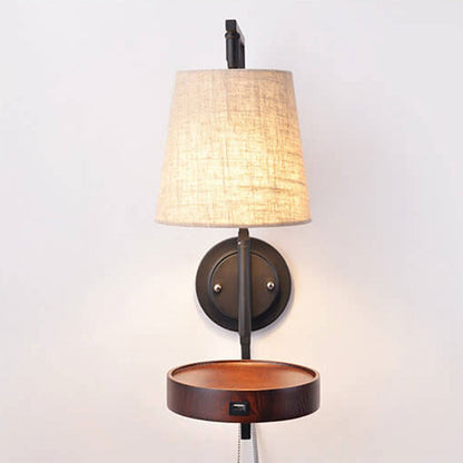 Light Wood Wrought Iron Fabric 1-Light Wall Sconce Lamp