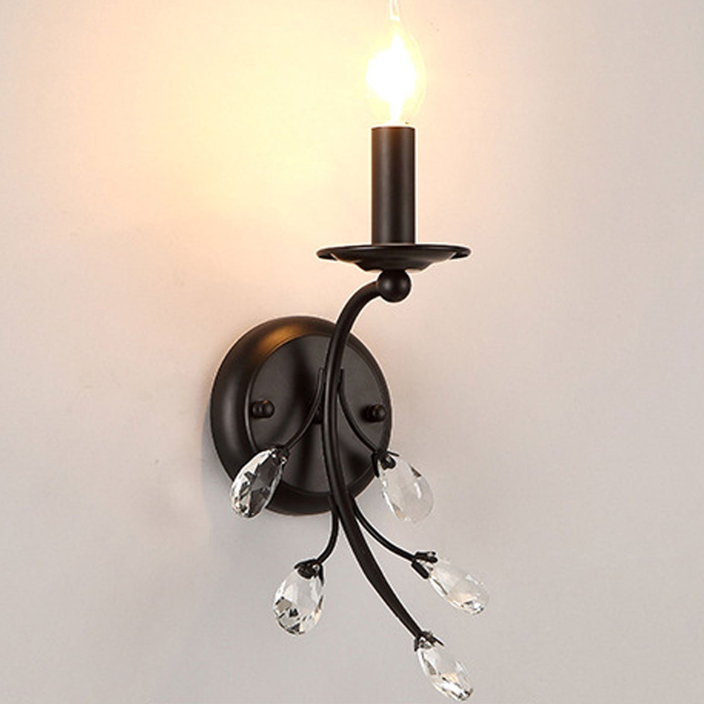 European Wrought Iron Crystal 1-Light Wall Sconce Lamp