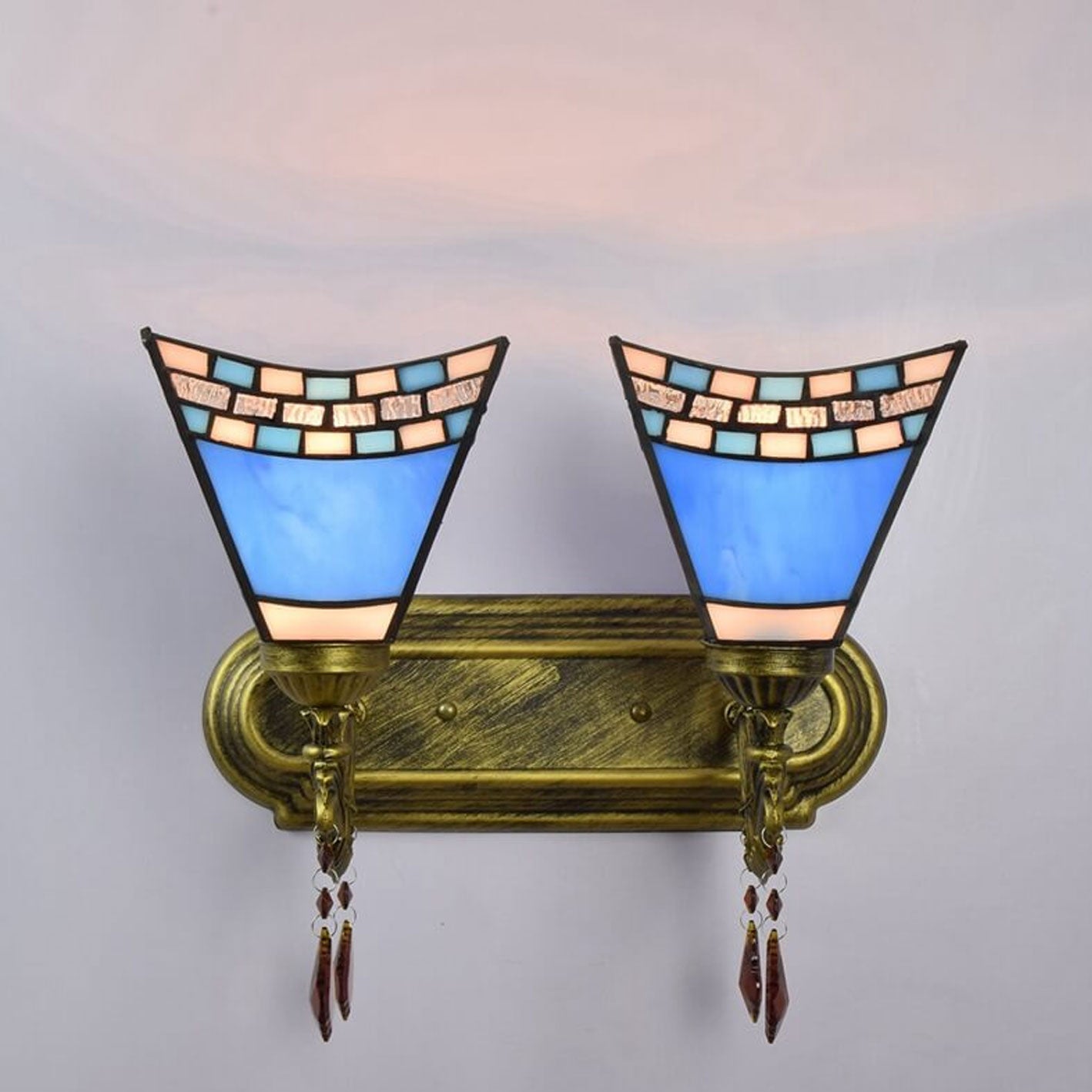 Tiffany Blue Glass Crystal 2-Light Wall Sconce Lamp
