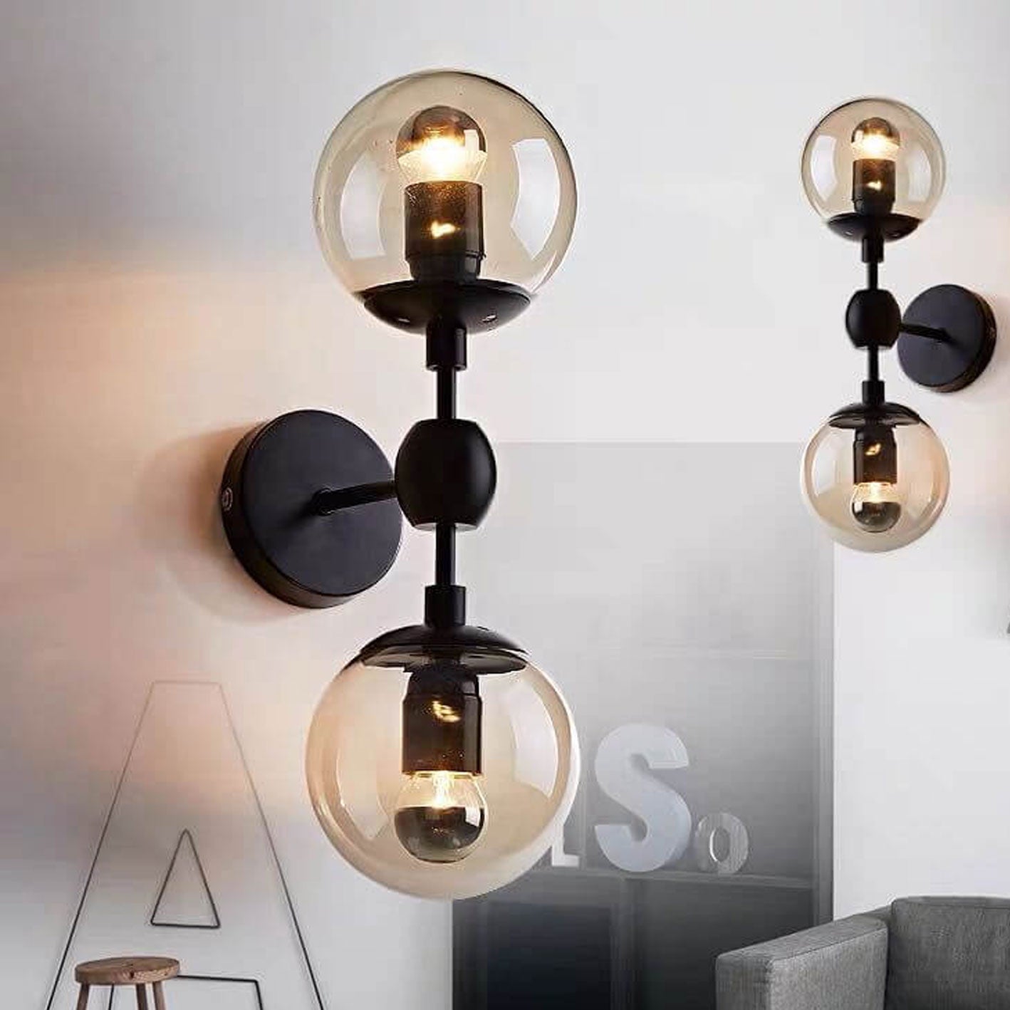 Minimalist Glass Wrought Iron 2-Light Wall Sconce Lamp