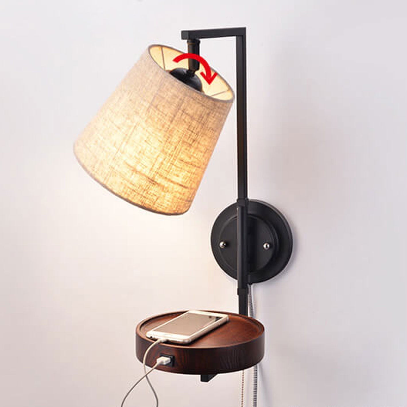 Light Wood Wrought Iron Fabric 1-Light Wall Sconce Lamp